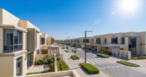 Elevated view of a clean, modern townhouse street in Maple 1 Dubai Hills Estate on a sunny day.
